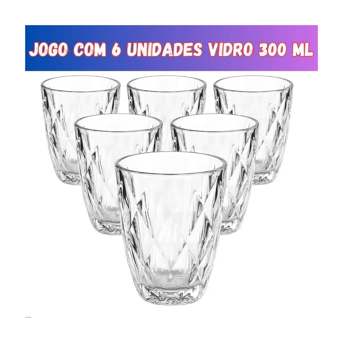 Jogo 6 Copos Baixos Diamond 300ml Vidro Grosso Diamante Luxo